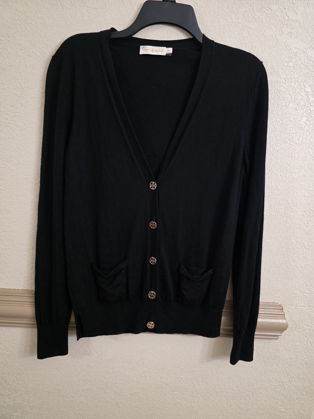 Tory Burch Black V-Neck Logo-Button Cardigan